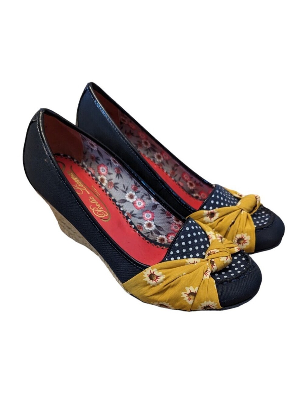 POETIC LICENCE Mustard Blue Polka Dot Bow Platform Wedge Heels Shoes Size 8.5